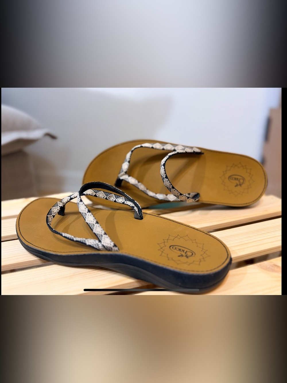 Chaco Women’s Tan Footbed Sandals with Black & White Straps